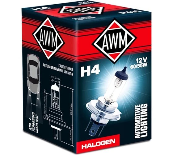 Картинка Лампа галогенная AWM H4 12V 60/55 W (P43T) от ООО ТФК Комтекс