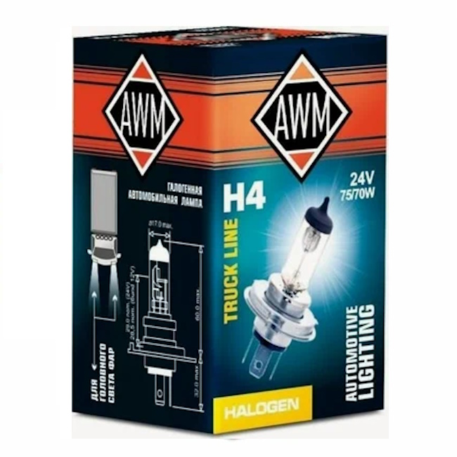 Картинка Лампа галогенная AWM H4 24V 75/70 W (P43T) от ООО ТФК Комтекс